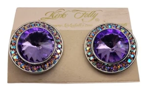 KIRKS FOLLY Clip Earrings PURPLE Rivoli Crystal Halo Aurora Borealis 1 1/4" READ - Picture 1 of 6