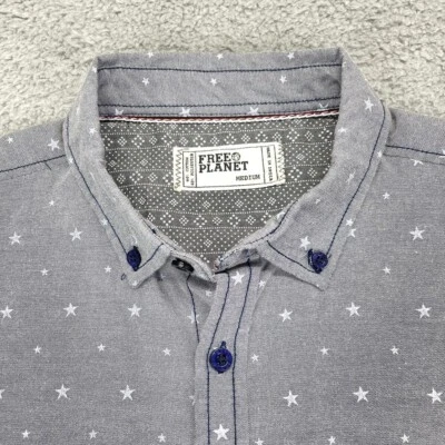 Free Planet Slim Fit Short Sleeve Button Gray AOP Cotton Blend Men Medium - Image 1 of 4
