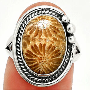 Natural Flower Fossil Coral 925 Sterling Silver Ring s.7 Jewelry R-1148