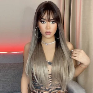 1 Set Long Lace Front Synthetic Wigs Staight with Bangs PrePlucked Corlored - Picture 1 of 2
