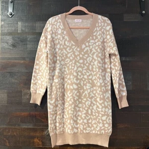 Pink Lily Womens Sweater Dress Beige Leopard Print Stretch V Neck 3/4 Sleeve S - Picture 1 of 6