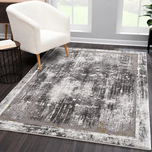 Teppich Wohnzimmer – Grau Gold-  Kurzflor- Abstrakt - Betonoptik Muster Vintage - Bild 1 von 8