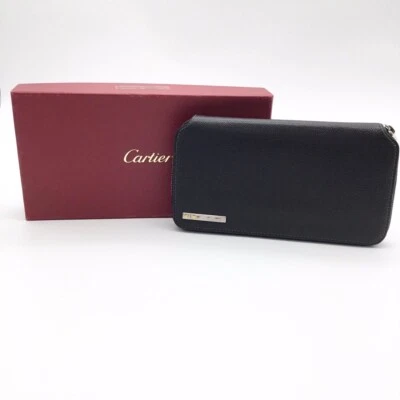 Auténtica Cartera Larga Cartier Redonda con Cremallera con Placa de Logo Plateado Cuero Negra Foto 1 de 4