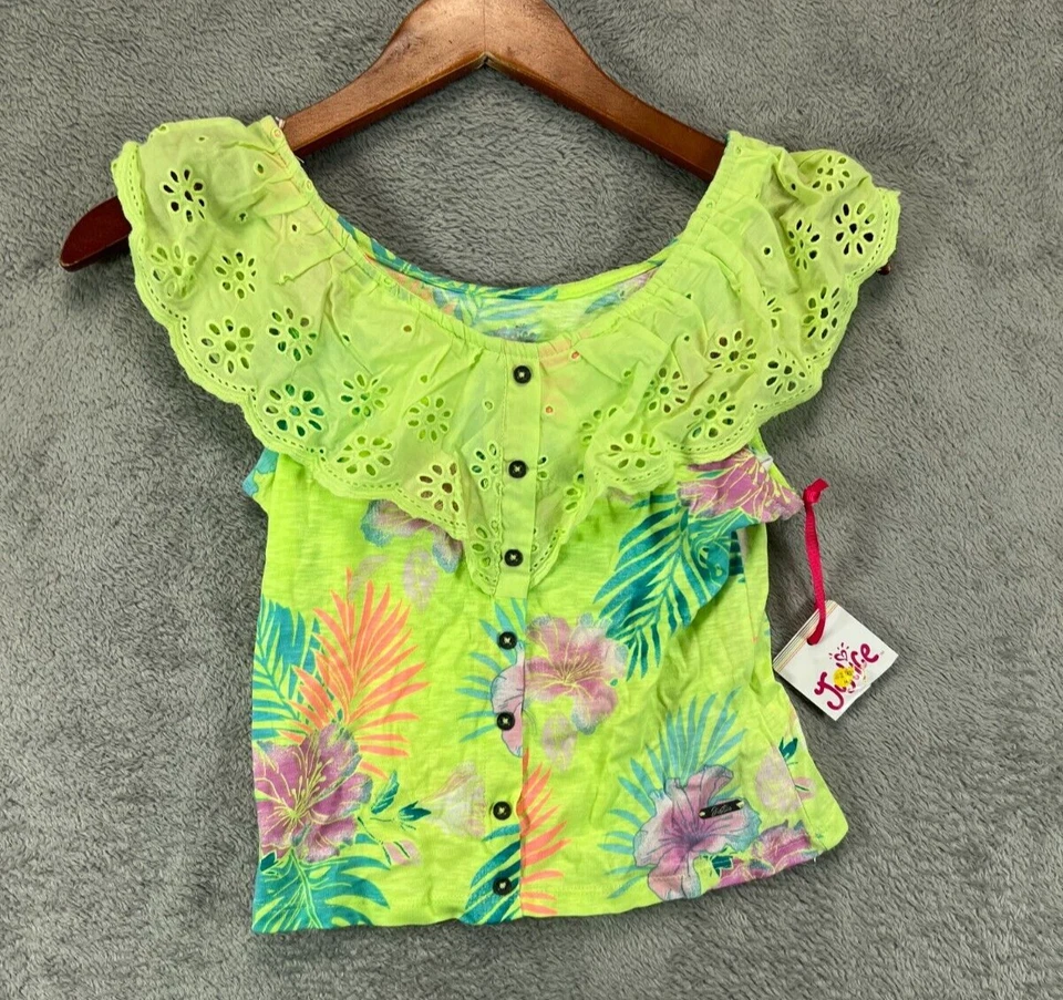 NWT Justice Small Top Small Girl 7/8 Hawaiian Green Floral Eyelet Collar Flutter - Image 1 of 4