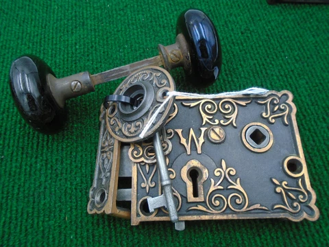FANCY PENN  ' W ' CIRCA 1890-10 RIM LOCK - COMPETE w/ KEY, KNOBS, ETC! (18916-2) Cover