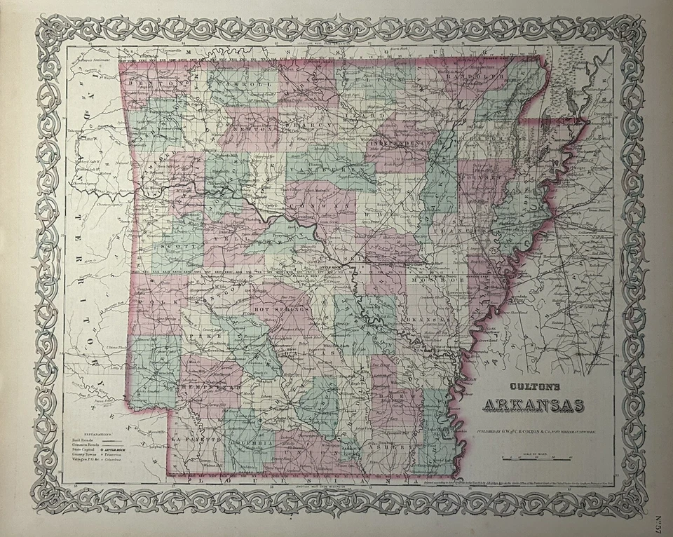 Mapa antiguo original coloreado a mano de Colton's Arkansas 1870 17" x 14" Foto 1 de 3