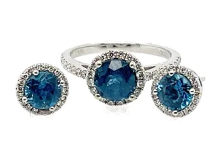 14kt Gold Blue Topaz & Diamond Halo Ring and Earrings - Picture 1 of 6