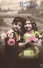 Vintage Postcard Happy New Year Greetings Boy And Girl Posing Roses Mailed 1919