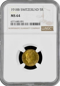 Switzerland 5 rappen 1918 B, NGC MS64, "Confoederatio Helvetica (1917 - 1967)" - Picture 1 of 2