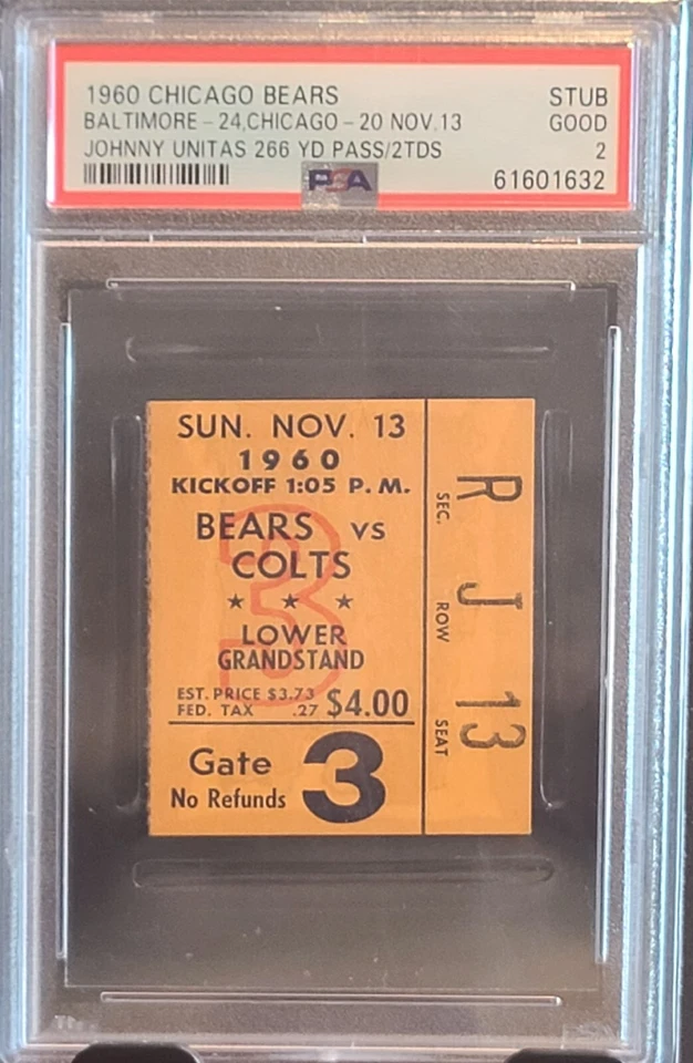 PSA 1960 Chicago Bears vs. Baltimore Colts -- Johnny Unitas 2 TD -- TALÓN DE BOLETO Foto 1 de 1