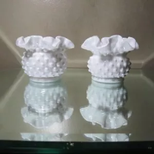2 Fenton 3853 Double Crimped Milk Glass Hobnail 3 " Vases - Picture 1 of 14