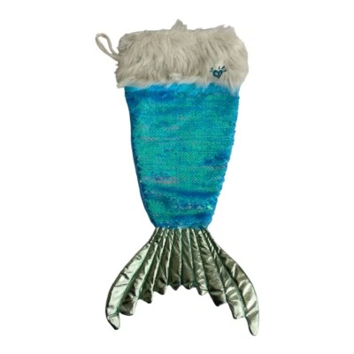Mermaid Tail Christmas Stockings Reversible Sequin Girls Fairy Tale Teal Blue - Image 1 of 4