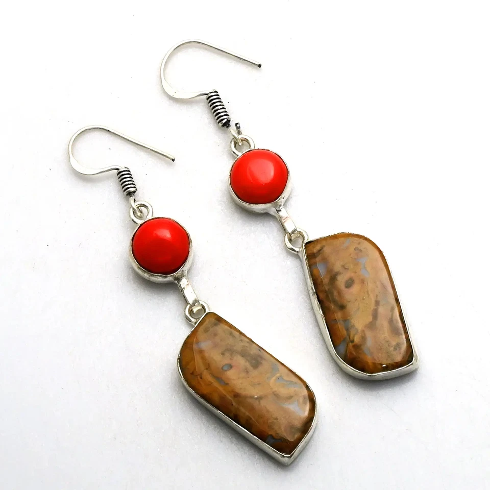 Pendientes colgantes raíz ciruela ágata coral piedras preciosas joyería regalo 1,2" AE-88692 Foto 1 de 1