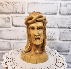 Hand Carved Olive Wood Jesus Head Bust Crown of Thorns Christ 6" Signed - Picture 1 of 8