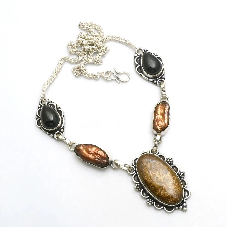 Collar Bronzita Negro Ónix Piedras Preciosas Étnico Hecho a Mano Joyería 27 Gms AN 13120 Foto 1 de 1