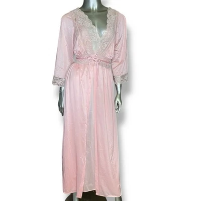 Conjunto de bata y camisón vintage de dos piezas lencería rosa M ribete de encaje con lazo trasero Foto 1 de 4