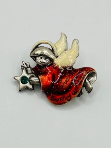 Vintage Glitter Enamel Winged Angel with Green Rhinestone Star Brooch Pin - Picture 1 of 4