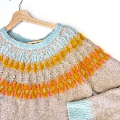 Anthropologie || Suéter túnica Sleeping On Snow Fair Isle alpaca beige azul M Foto 1 de 4