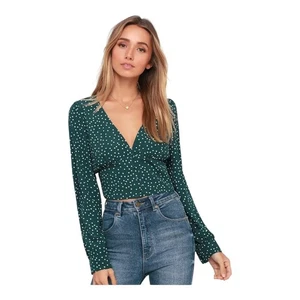 Lulus Love Always Forest Green Polka Dot Long Sleeve Crop Top Womens Size XSmall - Picture 1 of 7
