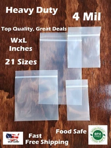 Clear Reclosable Zip Seal Top Lock 4Mil Heavy Duty Bags Plastic 4 Mil Baggies - Picture 1 of 4