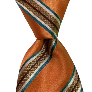 HUGO BOSS Men's 100% Silk Necktie ITALY Designer STRIPED Orange/Brown/Blue GUC - Picture 1 of 3