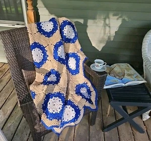  Granny Afghan Throw Hand Crocheted Vtg Hexagon Blanket 75”x 55”  - Picture 1 of 6