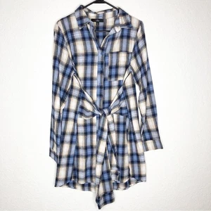 Lulus Pick of the Patch weiß hellbraun blau kariert Flanell Hemdkleid Größe Small - Bild 1 von 16