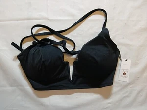 Women's Ribbed Longline V-Wire Bikini Top - Shade & Shore Black Size 34DD - Picture 1 of 6