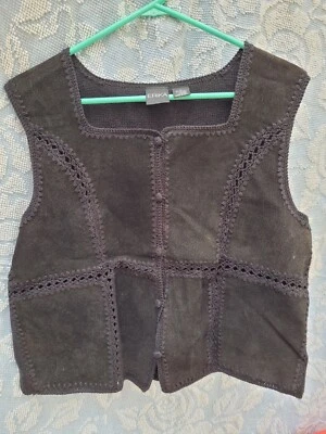 Chaleco Boho Hippie Vintage Erika Negro Patchwork Gamuza Cuero L Medieval Juegos con disfraces  Foto 1 de 4