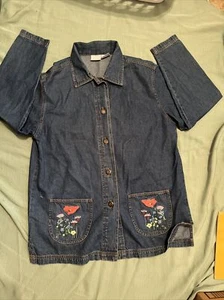 Vtg Blair Women’s Denim Jean Button Up Jacket Embroidered Floral Pockets Size S - Picture 1 of 8