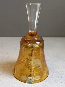 Vintage Bohemia Amber Crystal Bell Czechoslovakia Gilded Cut to Clear Birds 5.5 - Picture 1 of 10