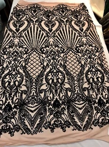 BLACK DAMASK SEQUINS DESIGN ON A 4 WAY STRETCH NUDE MESH-BY YARD. - Picture 1 of 8
