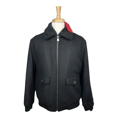 Hugo Boss Bavi Black Wool Shearling Collar Quilted Full Zip Bomber Jacket L NWT - Image 1 of 4