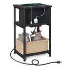  Side Table with Charging Station, 3-Tier End Table with USB Ports and Black