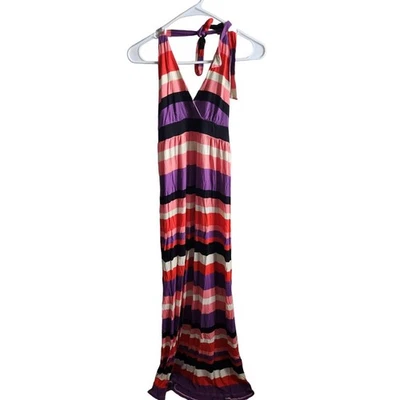Felicity & Coco Womens Sz M Maxi Halter Dress Pink Purple Black Striped - Image 1 of 3