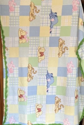 VTG Handmade Winnie the Pooh Baby Blanket Crib Green Crochet Trim 42”x60” - Image 1 of 4