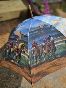 Vintage SALAMANDER Horse Racetrack Jockey UMBRELLA Wooden Handle 35" Tall 1992 - Picture 1 of 14