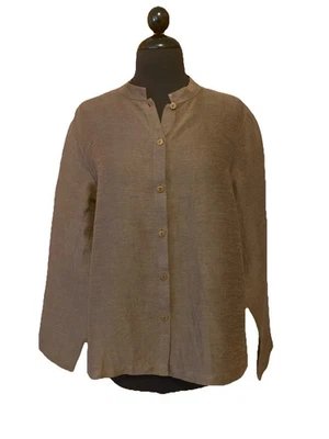 Blusa Eileen Fisher cacau marrom mistura de linho gola mandarim tamanho médio - Imagem 1 de 4
