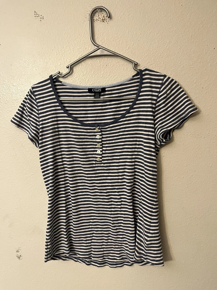 Camiseta Henley a Rayas Azul Chaps Denim Mujer Manga Corta Talla M Y2K Preppy Foto 1 de 4