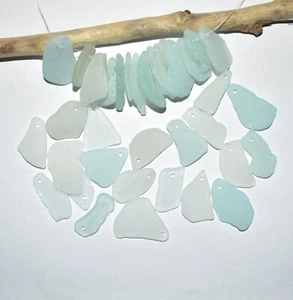 Large Sea Glass Beads 10p Genuine Beach Glass White Light Blue Drilled Sea Glass - Picture 1 of 9