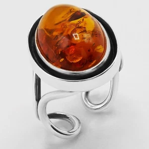 925 Solid Sterling Silver Natural Cognac Baltic Amber Adjustable Ring Size 7 - Picture 1 of 3