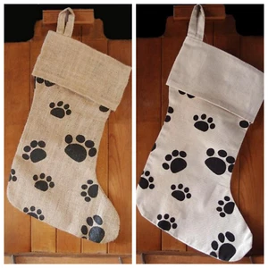 Black Paw Print Burlap Christmas Stocking, 17-Inch, 6 Count, Natural or Canvas - Picture 1 of 3