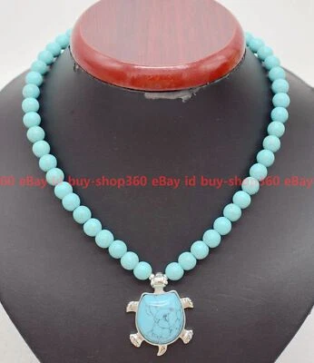 Pretty Natural 8mm Green Turquoise Round Gemstone Beads Pendant Necklace 15-28in - Image 1 of 4