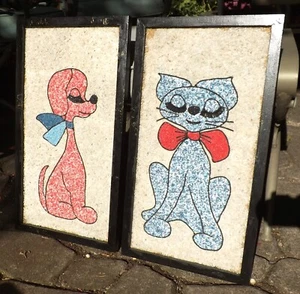 Pair Vintage Mid Century 1950s Pink Puppy Blue Cat Gravel Art Wall Hanging MCM - Picture 1 of 14