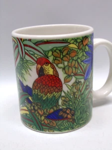 Vtg Jungle Design Coffee Mug with Parrot Scarlet Macaw Tropical Birds Colorful - Picture 1 of 6