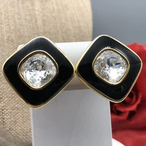 Pendientes triangulares vintage firmados SAL Swarovski negro y cristal clip 1,5" - Imagen 1 de 6
