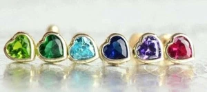 14K Yellow Gold 4mm Heart Stud Screw Back CZ Earrings w/ Sparkling Birthstones - Picture 1 of 13