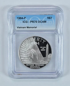1994-P Vietnam Memorial Commemorative Silver Dollar PR70 DCAM ICG - Picture 1 of 5