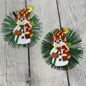 2 Vintage Die-Cut Cardboard Cut Out Colorful Snowman Tinsel Christmas Ornaments - Picture 1 of 6