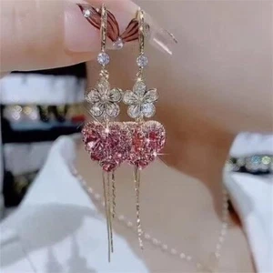 Elegant Zircon Heart Flower Tassel Earrings Hook Drop Dangle Women Jewelry Gift - Picture 1 of 4